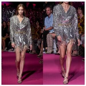 ROTATE Birger Christensen Samantha Sequin Sz 8 Fringe Runway Wrap Dress Disco